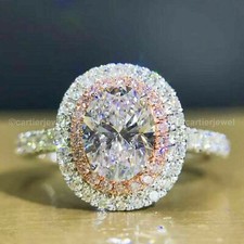1.88Ct White Oval CZ Pink Halo Engagement Ring In Solid 925 Sterling Silver