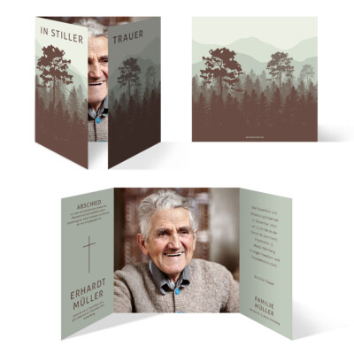 Personalised Funeral Cards Invitation Funeral Service - Silent Forest in Green and Brown