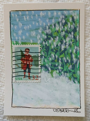 #ad #ad Postal Whimsy™ Original ACEO 1995 32¢ Folk Art Winter Stamp Tempera Watercolor $6.99