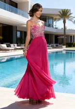 Long Fuchsia Chiffon Beaded Dress Size 8 Sweetheart Neck Formal Holiday Gown