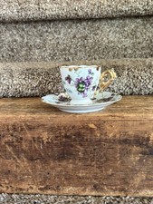Vintage Footed Miniature Demitasse Teacup  Saucer Hand Painted Purple Violet Fl