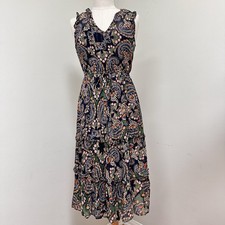 Anthropologie Size 8 Dress Elmira Ruffled MIDI Drawstring Waist Paisley Navy