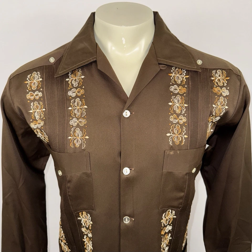 Vtg 60s 70s Guayabera Shirt Loop Collar Polyester Wedding Disco Medium Mens 40 - Image 3 of 4