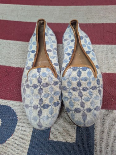 Womens Stubbs & Wooten Needlepoint Geometric Blue Cream Printed Loafers Size 7.5