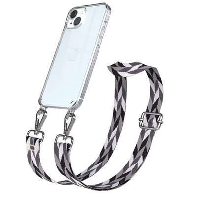 Silikon Hülle mit Band für Apple iPhone 15 Plus Kette Grau / Schwarz Mix -Silber