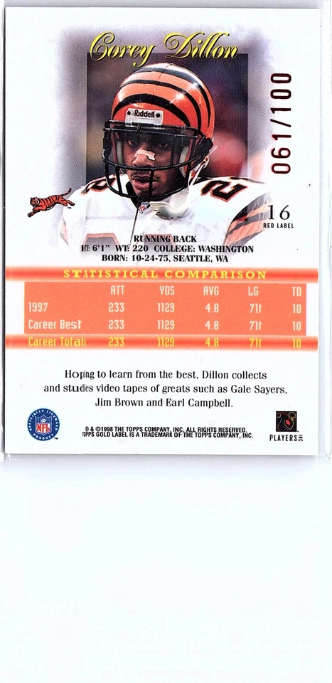 1998 Topps Gold Label #16 Corey Dillon Class 1 Red Label #/100 - Image 2 of 2