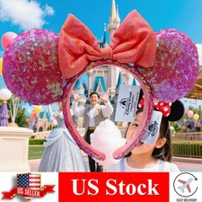 Disney-Park Minnie Ears Sequins Orange Red Bow Coral Exclusive Party Headband