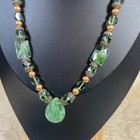 Natural Green Fluorite/Glass Necklace/Gold-tone Faux Pearls/Filigree Capped. — photo 2