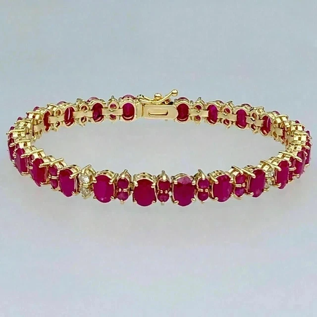 8Ct Oval Cut Lab Created Red Ruby Women Tennis Bracelet 14K Yellow Gold Plated - Image 3 of 3