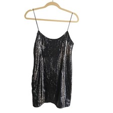 PrettyLittleThing Black Sequin Mini Dress Cami Slip Party New Year's Eve Sz 4