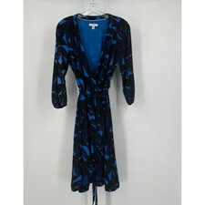 Halston Womens Wrap Dress Size XS Minimalist Artful Midi Belted Blue Black Print