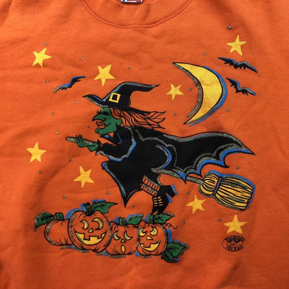 VINTAGE Fruit of the Loom Sweatshirt Mens XL Orange Halloween Witch Made USA 90s - Image 4 of 4