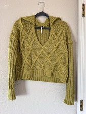 Free People Soft Women's Green Cropped V-Neck Knit Pullover Sweater Solid XS