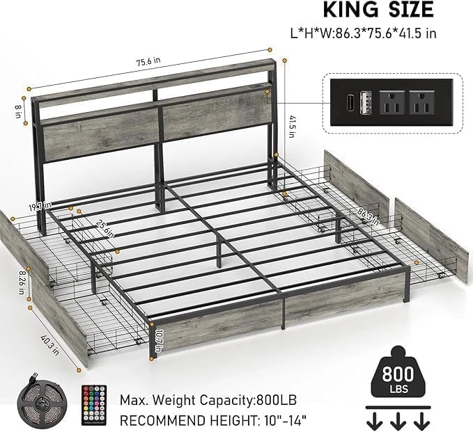 4 Drawers King Size Bed Frame Metal Platform Bed with Headboard & LED Lights - Image 3 of 4