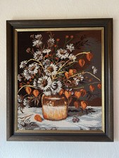Vintage Gobelin Stickbild gro&szlig; Bild Sonnenblume Lampions Lampionblume in Vase
