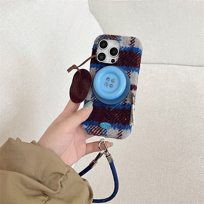 Plaid Cloth Button Mag Safe Holder + Case Cover For iPhone 17 Pro Max 16 15 14