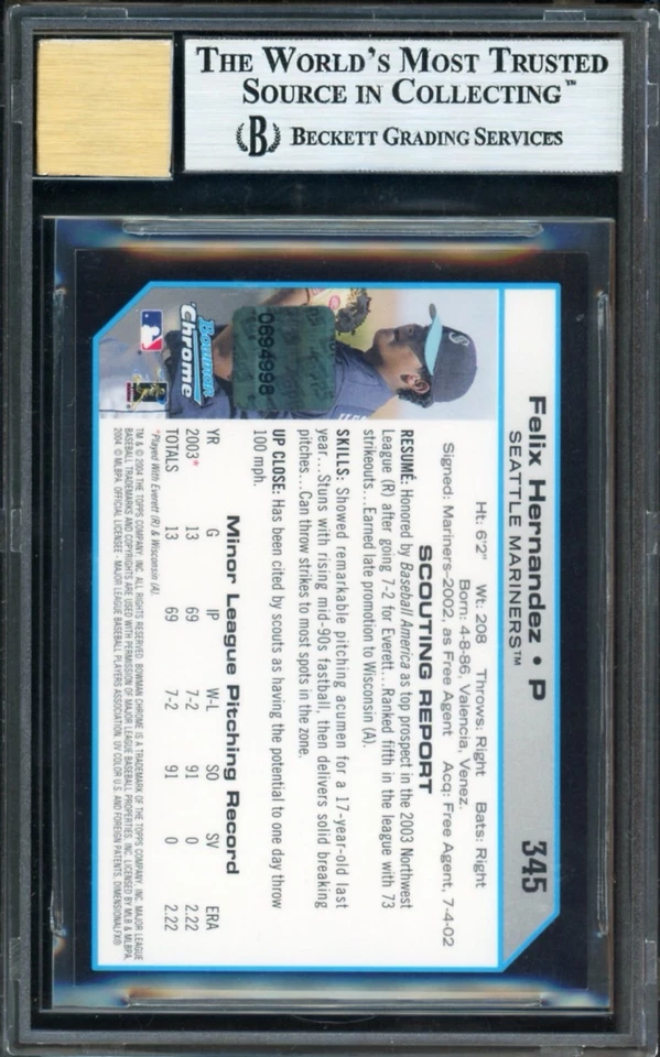 Bowman Chrome Felix Hernández 2004 automático primer año RC BGS 9 como nuevo Mariners #345 Foto 2 de 2