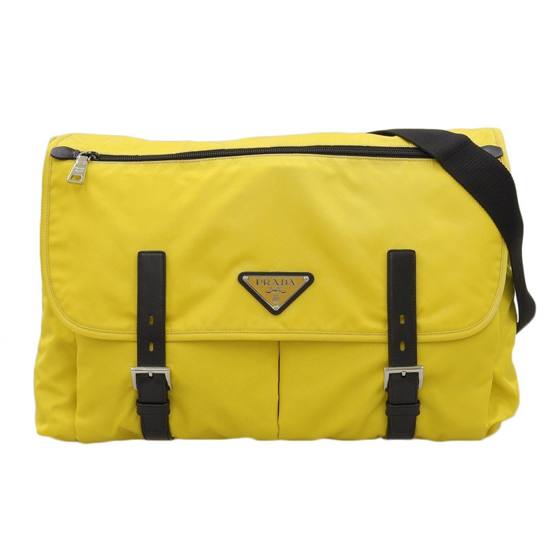 Prada Nylon Leather Shoulder Crossbody Bag Yellow Black Used Ob2194