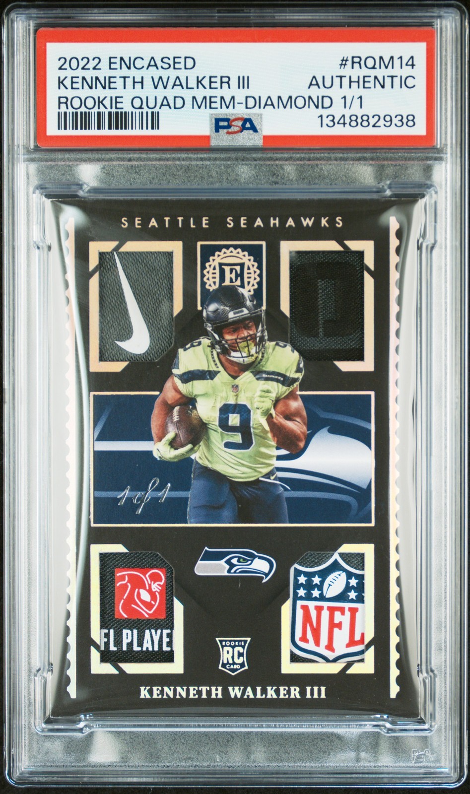 Kenneth Walker III Panini Encased Rookie Quad Memorabilia #RQM14 Diamond 1/1