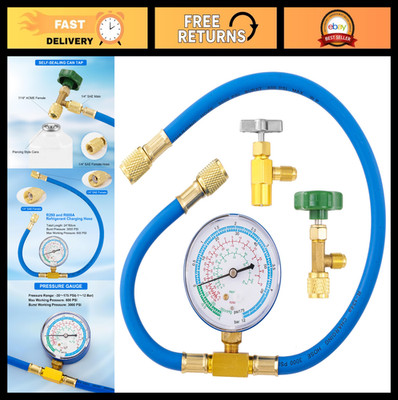 Refrigerant Charging Manifold Hose Kit, R290 R600A Recharge with Can Tap & Gauge