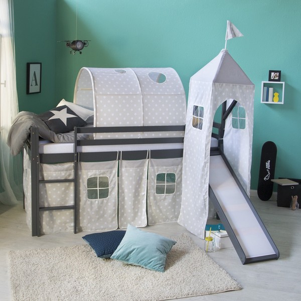 Hochbett 90X200 Kinderbett Mit Rutsche Turm Vorhang Grau Stockbett Homestyle4U-image