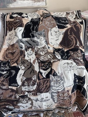 VTG Goodwin Weavers Cat Tapestry Blanket Woven Cotton Throw Kitty