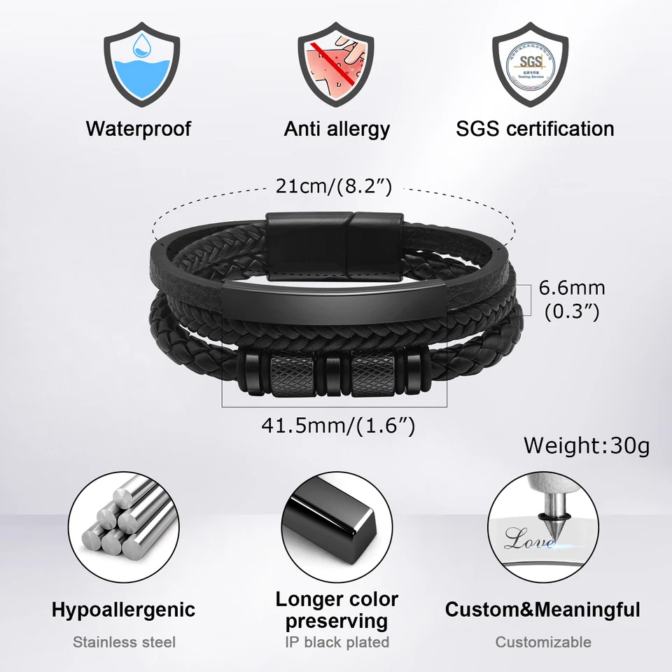 Custom PU Leather Bracelets for Men Boy,Stainless Steel Personalized Bangle - Image 2 of 4