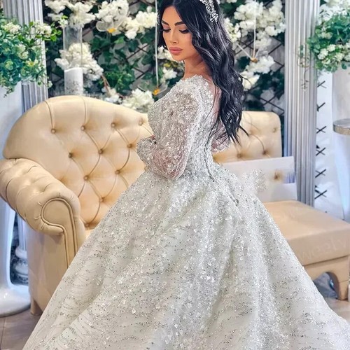 Beaded Wedding Dresses 2025 Lace Sequins Ball Gown V Neck Full Sleeves Dresses - Picture 3 of 16