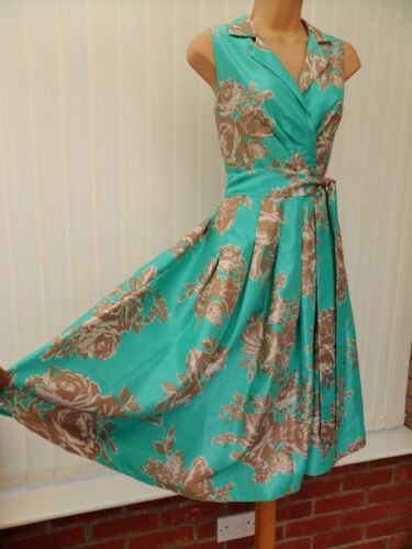 ELIZA J TÜRKIS GOLD ELFENBEIN BLUMENSATIN 50ER JAHRE PLATTE FLARE MIDI KLEID 8 NEU OHNE ETIKETT - Bild 3 von 14
