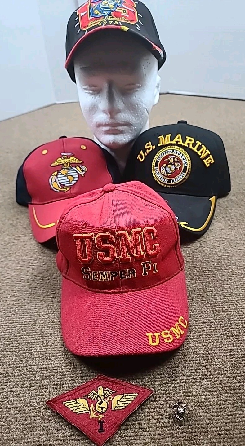 US Marine Corps Veteran Semper FI Baseball Hats+pin+patch  Lot of 4
