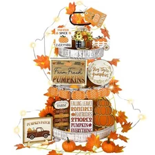 FairySandy 14 Pcs Thanksgiving Tiered Tray Decor Fall Pumpkin Wooden Decorati...