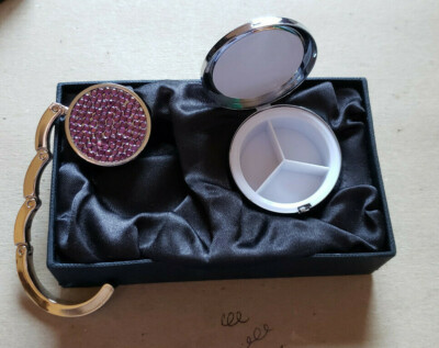 Purse Hanger and Pill Box Purple Rhinestones Set in Box Charming Charlie 