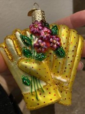 OWC Old World Christmas Glass Ornament Yellow Gardening Gloves Flowers Floral