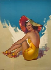 Sun Tanned Sue, Vintage Zoe Mozert Pin-Up Print, Brunette Beauty, Gold Swimsuit
