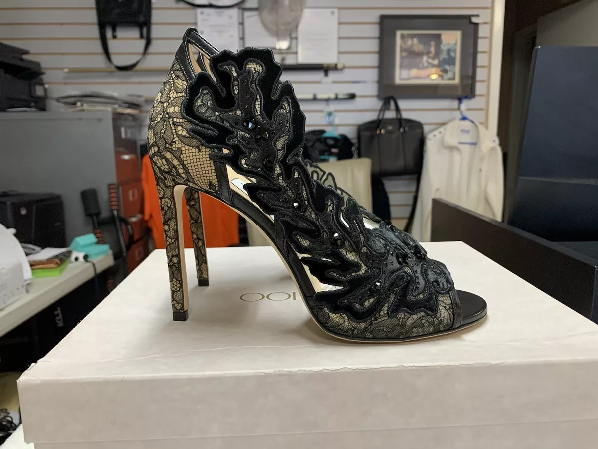 Jimmy Choo Lucele 100 Black Floral Lace Ankle Strap Heels (Size 39)
