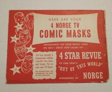 NORGE TV 4 Comic Masks: Danny Thomas, Jimmy Durante, Ed Wynn and Jack Carson VTG