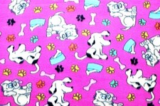 BTY BEIGE DOGS WITH DISHES BONES PAW PRINTS ON PINK FLEECE FABRIC 1 YD 60x36"