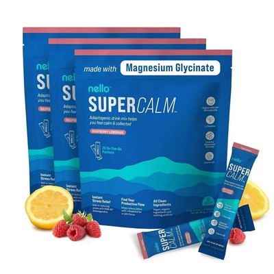 3 PACK Nello Supercalm Powdered Drink Mix, Raspberry Lemonade Supplement