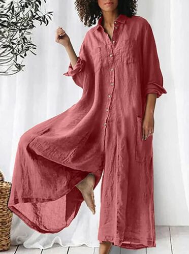 Lo último Mujeres Lino Botones Mangas Largas Pierna Ancha Mono Playa Pantalones Nuevos - Imagen 1 de 13