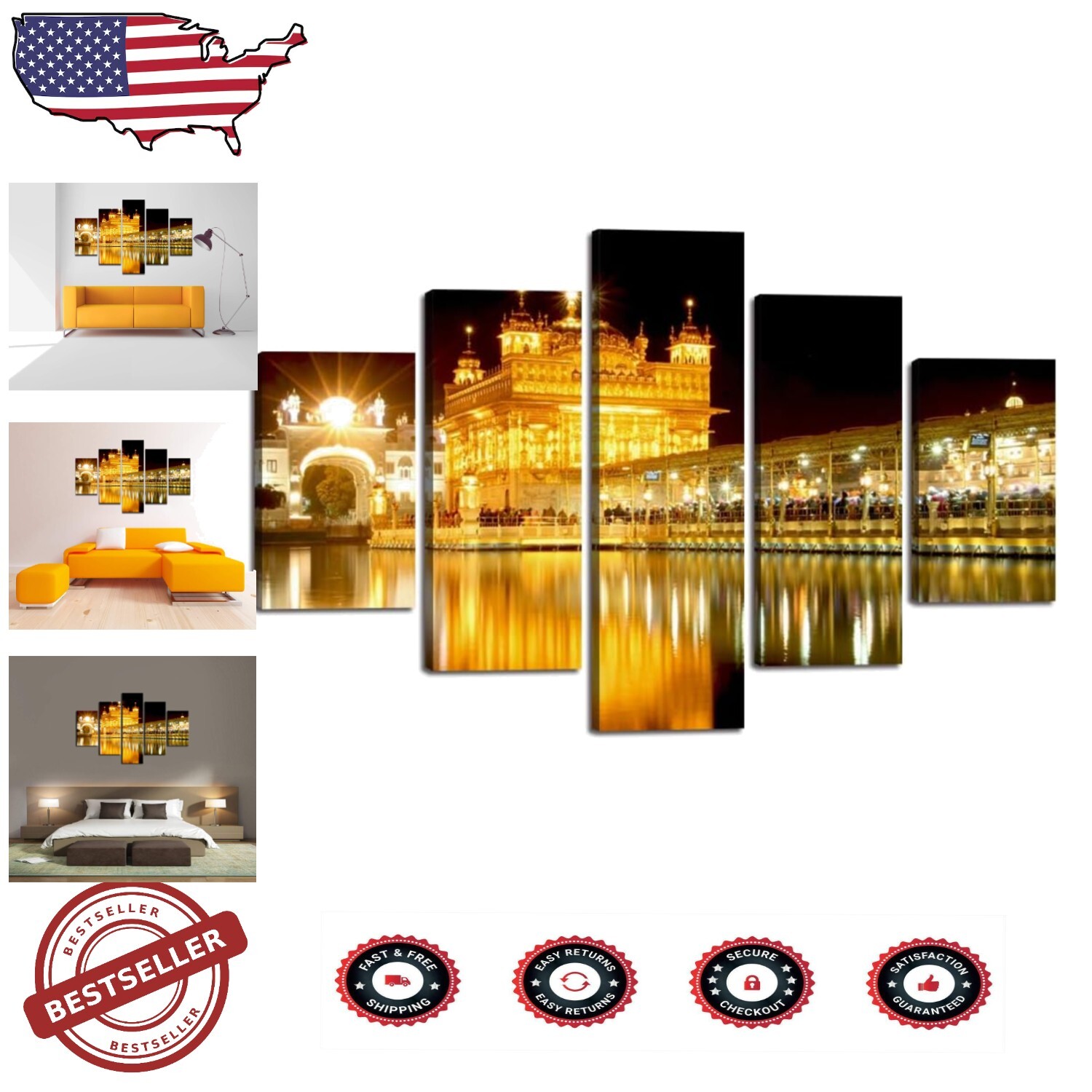 Large 60x40'' Golden Temple Artwork - Stunning 5-Panel Canvas Print, Framed