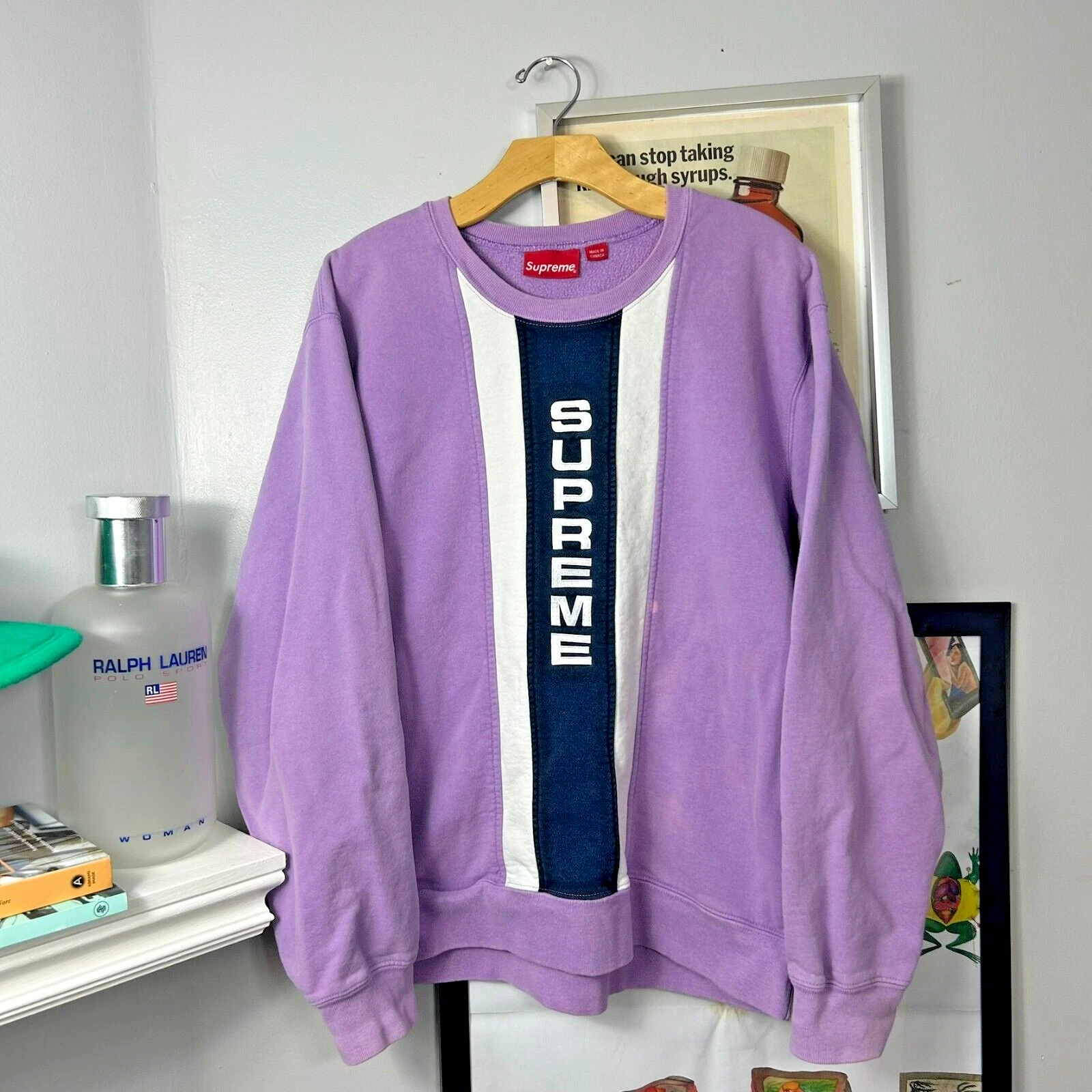 Pull col rond panneau logo vertical lavande SS17 Supreme taille XL brodé