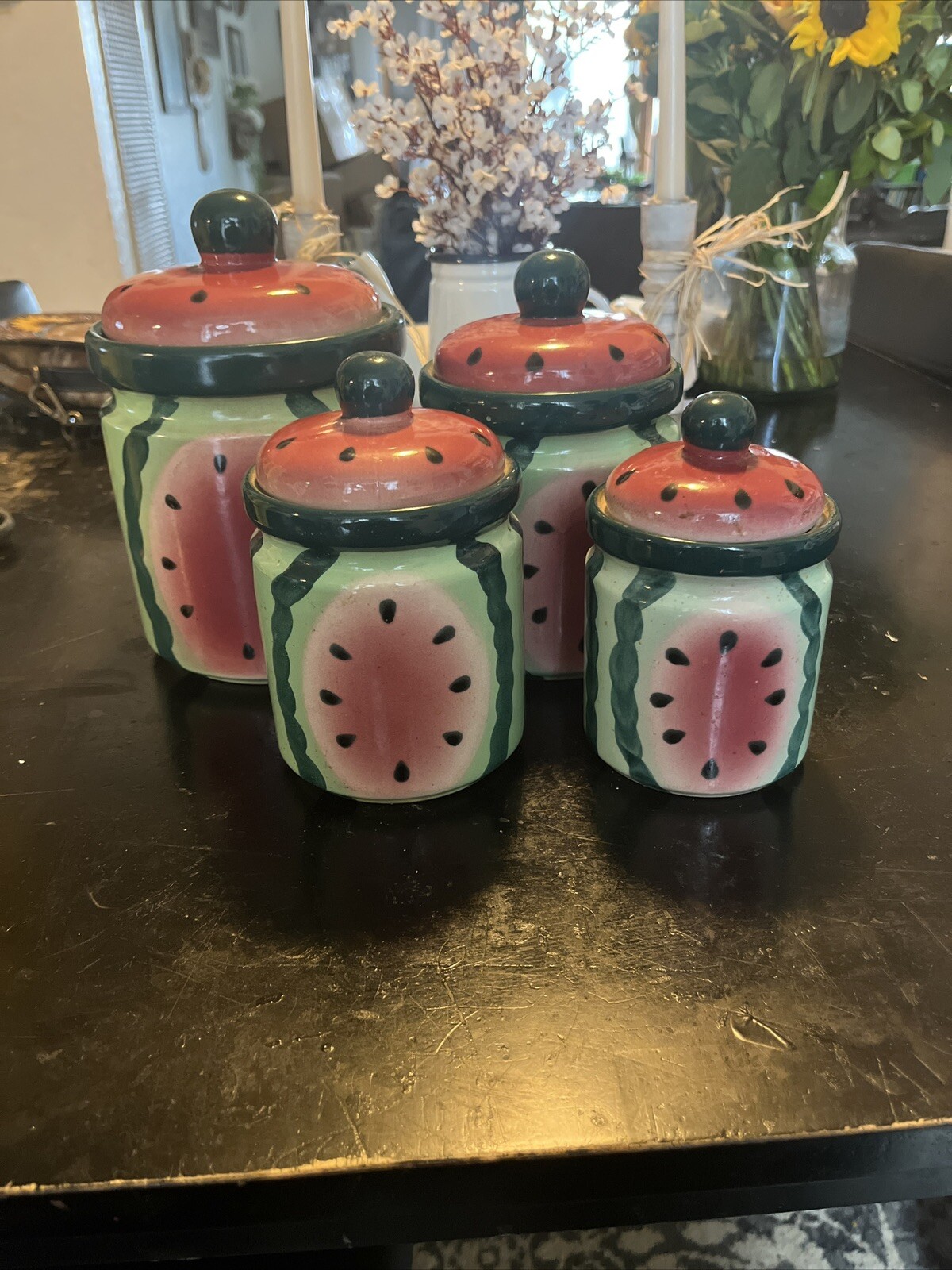 Vintage Ceramic Watermelon Canisters Set of 4 HTF Sugar Flour Coffee