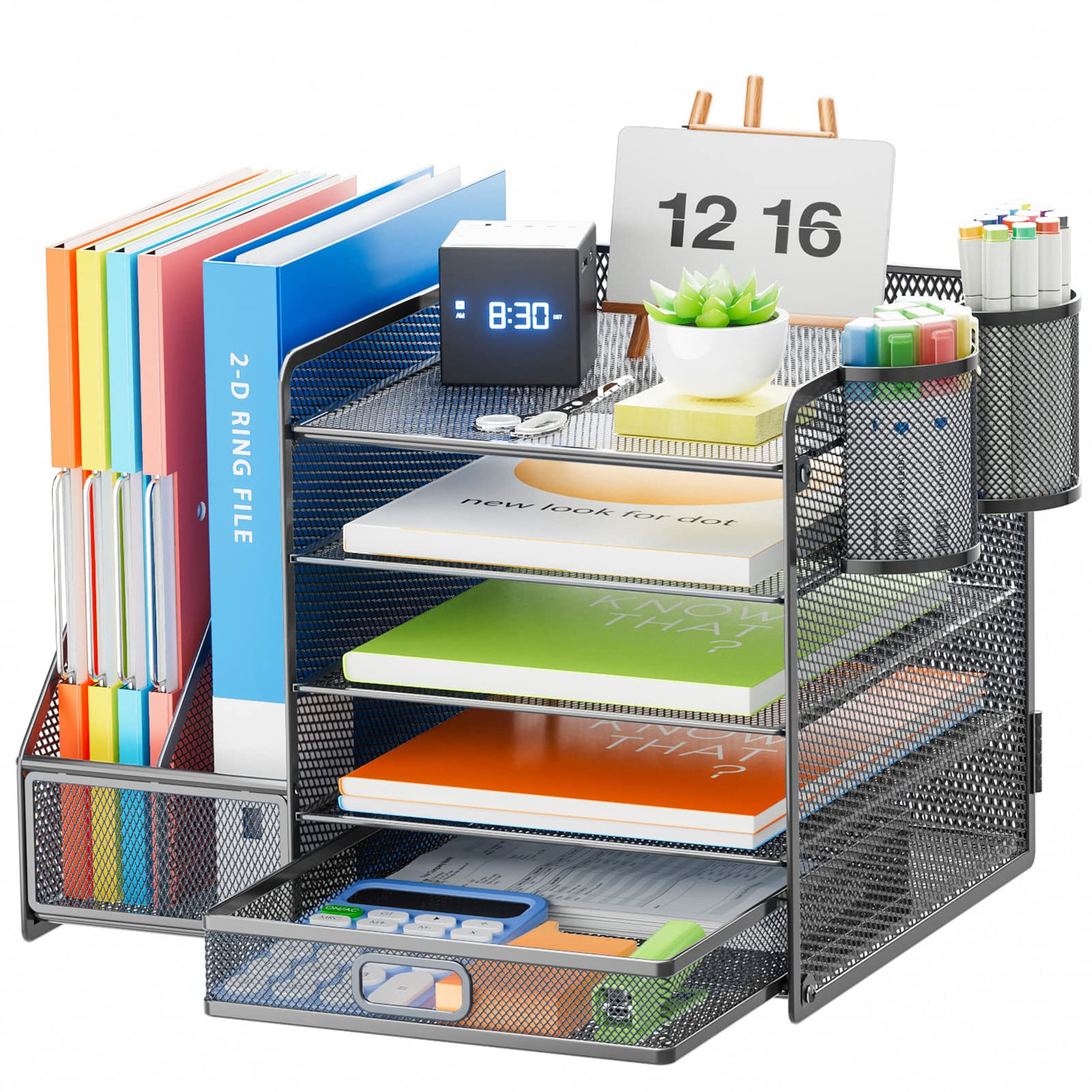 5-Tier Desk Organizer with File Holder, Letter Tray & Mesh Pen Drawer