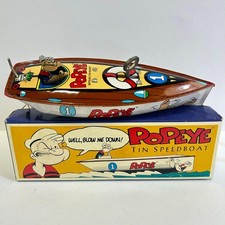 Schylling 1996 Popeye Tin Speedboat Wind-Up Toy w/ Stand Reproduction