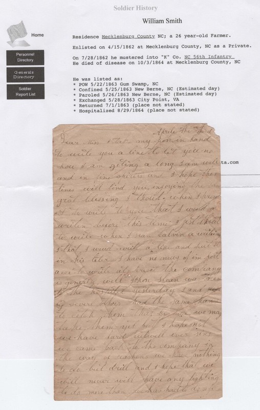 Confederate Civil War Letter - 56th North Carolina Vols - Guards Weldon Railroad