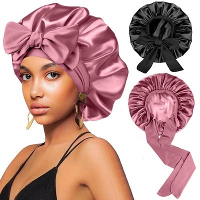 2Pcs Silk Hair Satin Bonnet for Sleeping Large-X-Large, Black+bean Paste Pink 