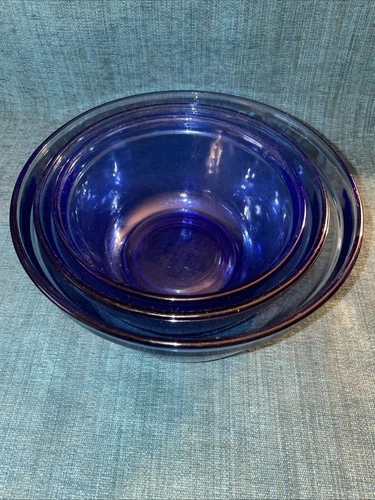 3 VTG COBALT BLUE ANCHOR HOCKING OVENWARE MIXING BOWLS 1 QT, 1.5 QT 2.5 QT