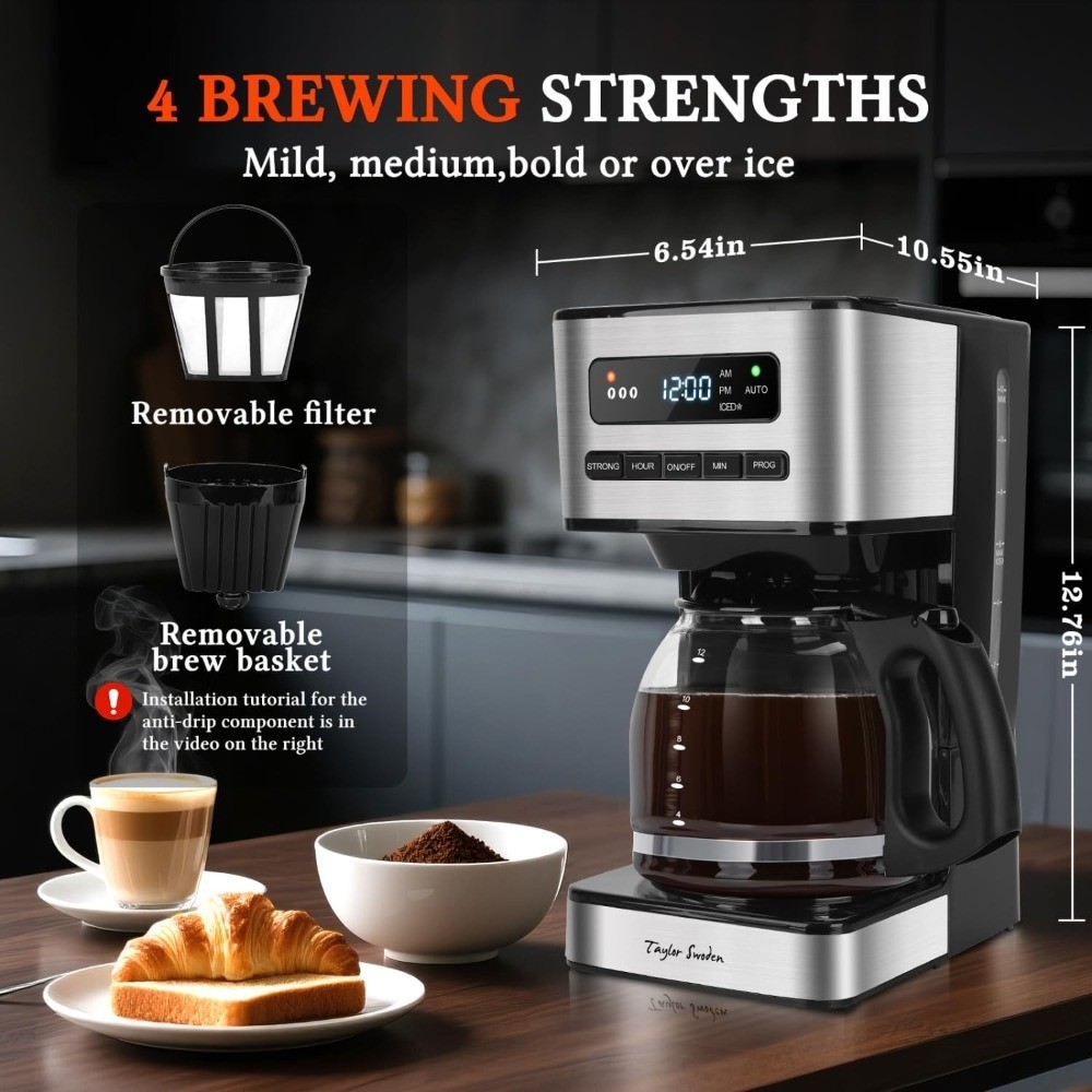 Programmable 12 Cup Hot and Iced Coffee Maker with 4 Brew Strength LED Display