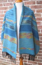 Woven Blue Striped Throw Shawl France 66 x 22 with 4 inch Black Fringe Acrylic