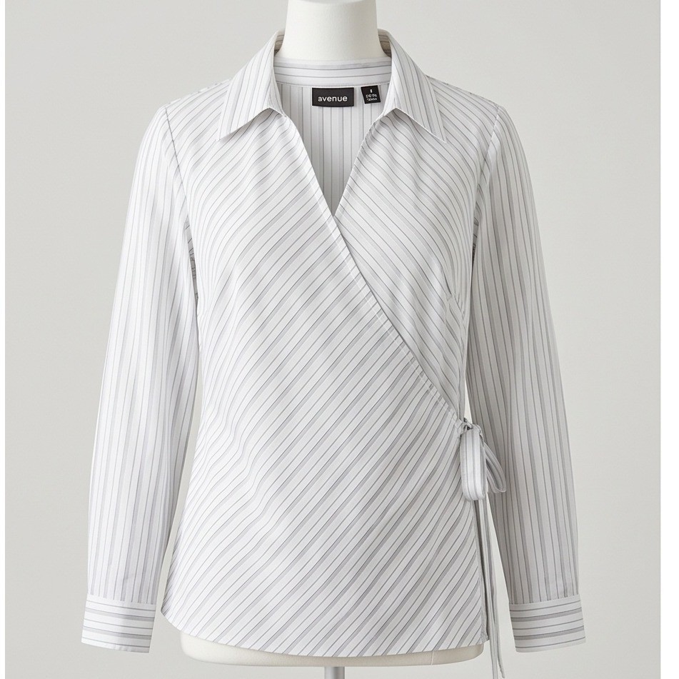 Plus Size 2X Avenue Striped Wrap Top - White Gray Long Sleeve image 3